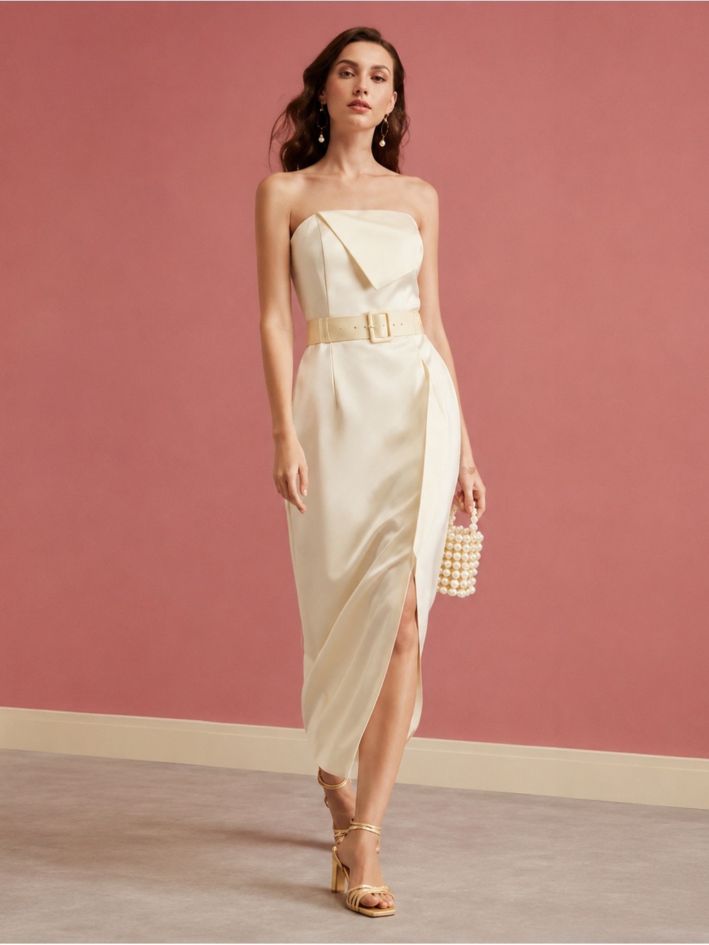 MOTF Strapless Pale Yellow Midi Dress with Belt